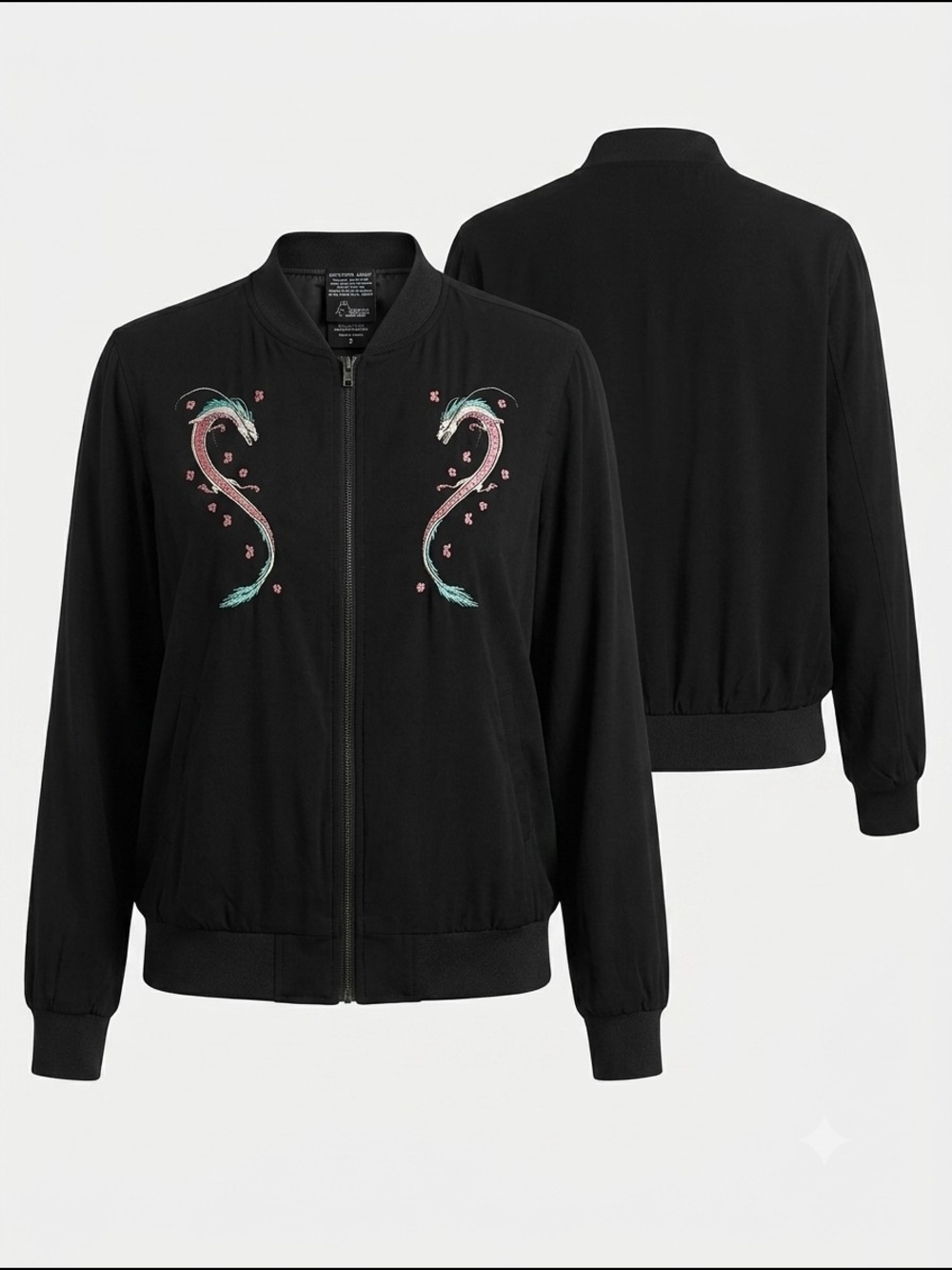 Torrid/Spirited Away Black Bomber Jacket with Pink & Teal Embroidery
